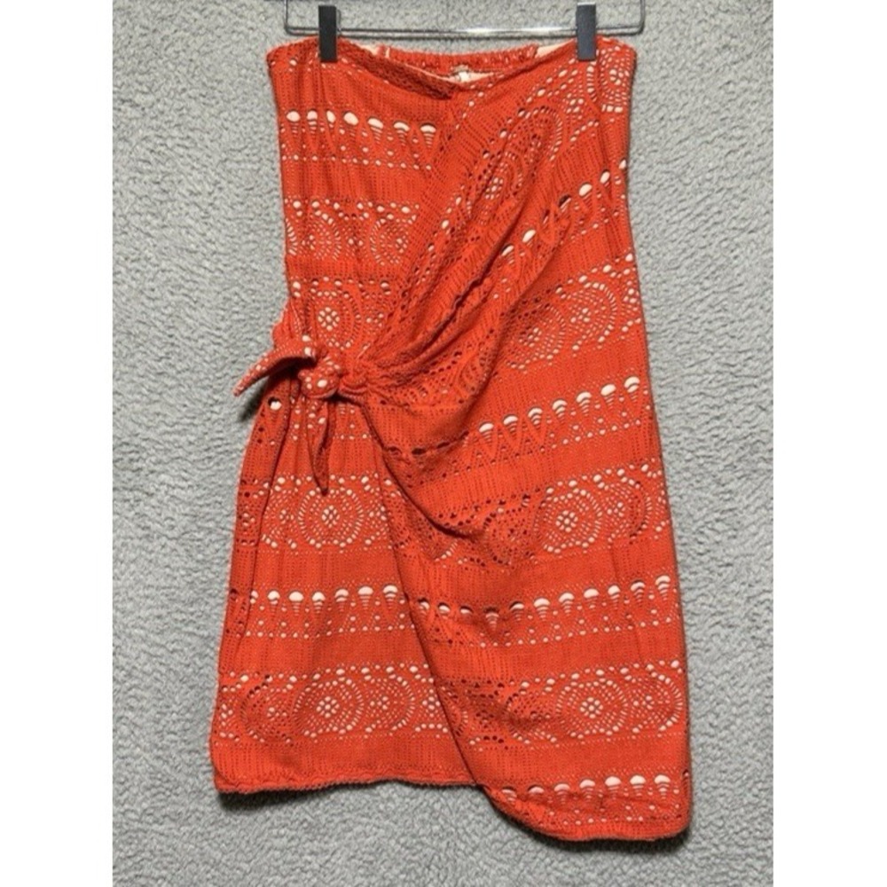Free People Oceanside Strapless Ruched Dress Size S Crochet Lace Red Orange